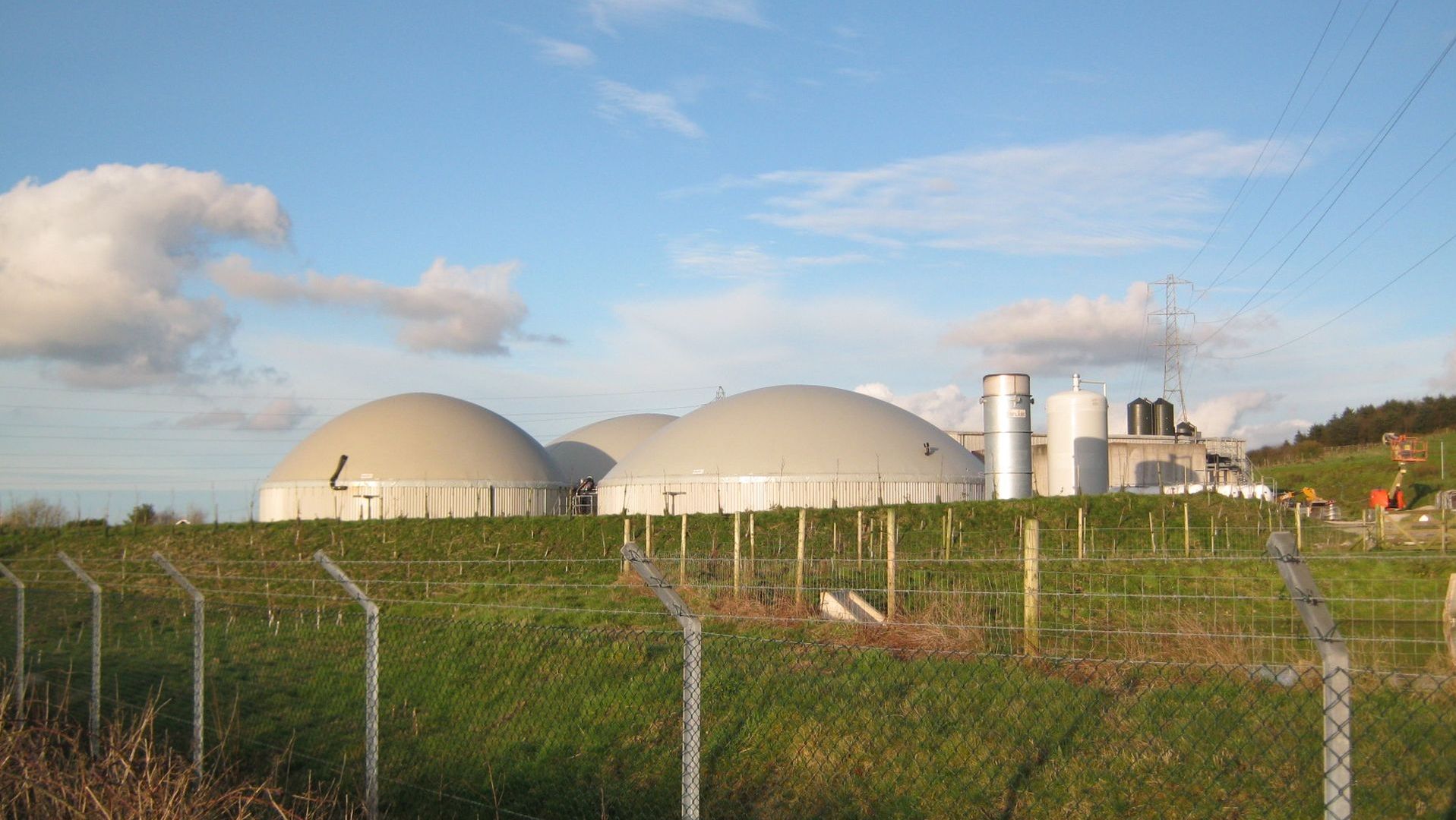 Photograph of domed digesters and equipment at Fraddon Biogas Plant in Cornwall